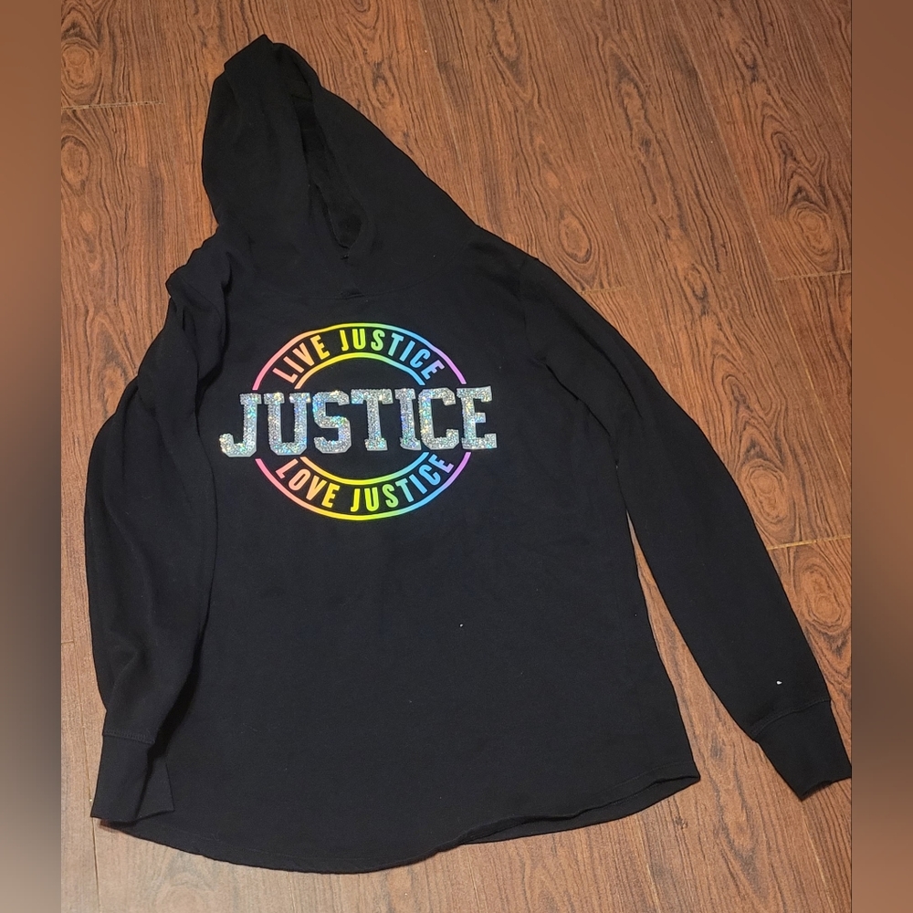 Kids Black JUSTICE hoodie with rainbow design size:16